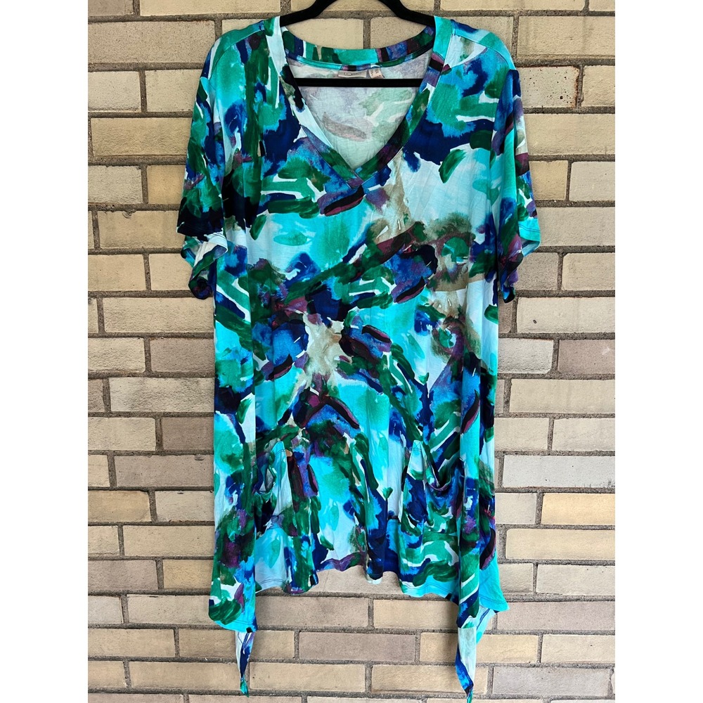 LOGO Lori Goldstein Blue Green Abstract Sharkbite Tunic Top Plus Size 3X